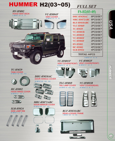 Hummer H2 (02-05) полный хром пакет, хромированные декоративные накладки, комплект 44 предмета.