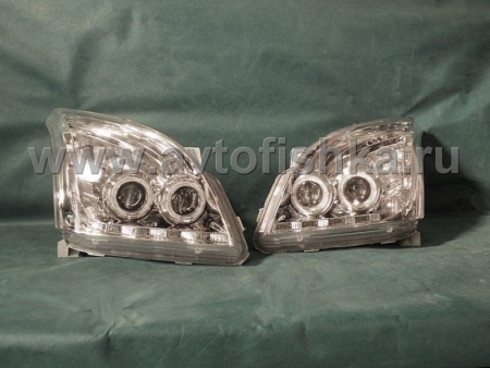 Toyota Land Cruiser Prado 120 (2002-2009) фары передние линзовые хромированные со светящимися ободками и светодиодной подсветкой под корректор, комплект 2 шт.