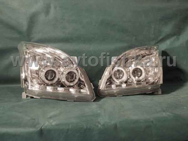 Toyota Land Cruiser Prado 120 (2002-2009) фары передние линзовые хромированные со светящимися ободками и светодиодной подсветкой под корректор, комплект 2 шт.