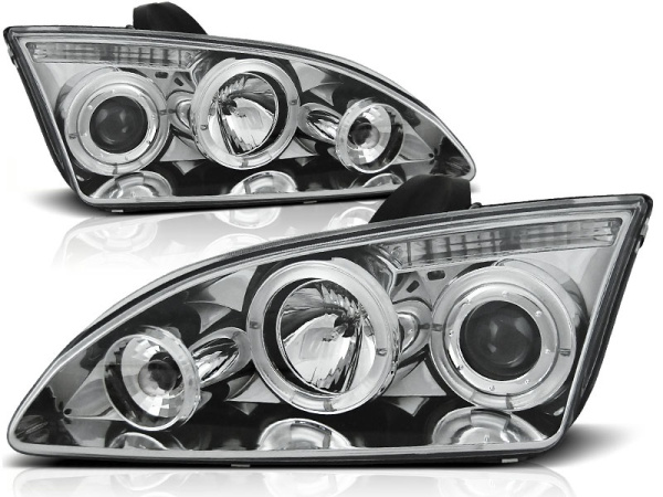 Ford Focus 2 ZX4 (05-07) USA фары передние линзовые хромированные, со светящимися ободками CCFL, комплект 2 шт.