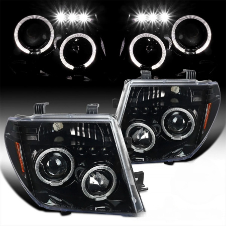 Nissan Pathfinder III, Navara (05-10) фары передние линзовые черные, со светящимися ободками, комплект 2 шт.