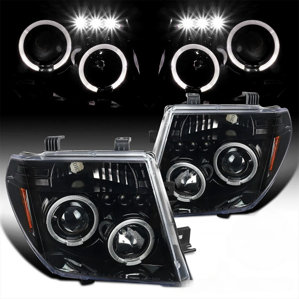 Nissan Pathfinder III, Navara (05-10) фары передние линзовые черные, со светящимися ободками, комплект 2 шт.