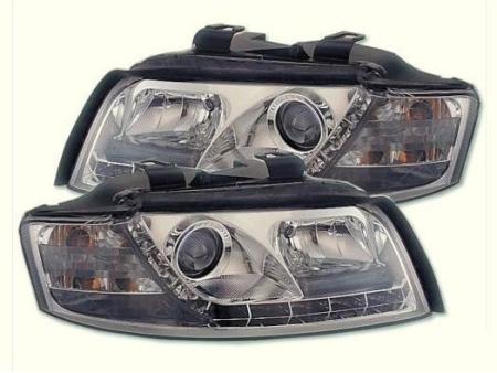 Audi A4 (01-04) фары передние линзовые хромированные, со светодиодной подсветкой, комплект 2 шт.