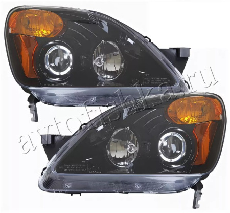Honda CR-V II (01-06) фары передние линзовые черные, с желтыми рефлекторами, комплект 2 шт.