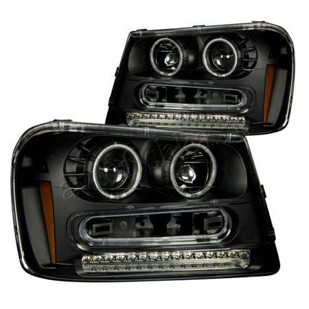Chevrolet Trailblazer (01-09) фары передние черные, со светящимися ободками, со светодиоднами поворотниками, комплект 2 шт.