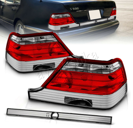 Mercedes S W140 (92-99) фонари задние красно-хромированные, с центральным молдингом, комплект 2 шт.