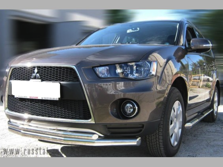 Mitsubishi Outlander XL (05-09) двойная защита переднего бампера, труба 76 и 42 мм