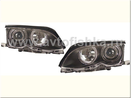 BMW 3 E46 (01-04) 4 дв. фары передние линзовые ксеноновые черные, со светящимися ободками, с мотором электрокорректора, комплект 2 шт.