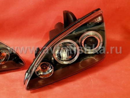 Ford Focus 2 (05-07) передние линзовые черные фары, со светящимися ободками, комплект 2 шт.