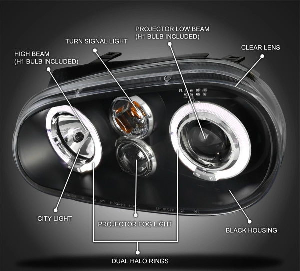 Volkswagen Golf 4 (1998-2005) фары передние черные, линзовые, со светящимися ободками