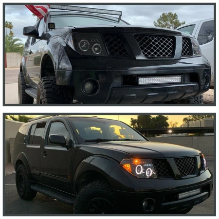 Nissan Pathfinder III, Navara (05-10) фары передние линзовые черные, со светящимися ободками, комплект 2 шт.
