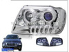 Jeep Grand Cherokee (99-04) передние линзовые фары хромированные, со светящимися ободками, комплект 2 шт.
