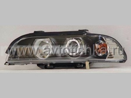 BMW 5 E39 фары передние линзовые черные, со светящимися ободками, с белыми поворотниками, комплект 2 шт.