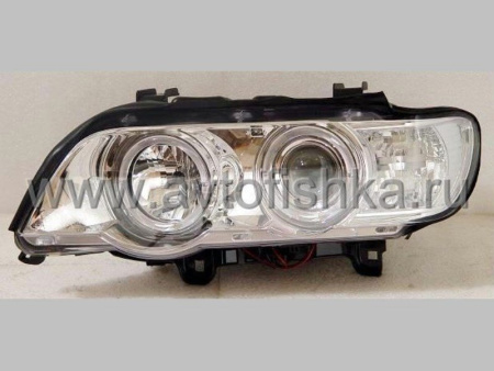 BMW X5 (98-03) передние линзовые фары хромированные, со светящимися ободками, с белыми поворотниками, комплект 2 шт.