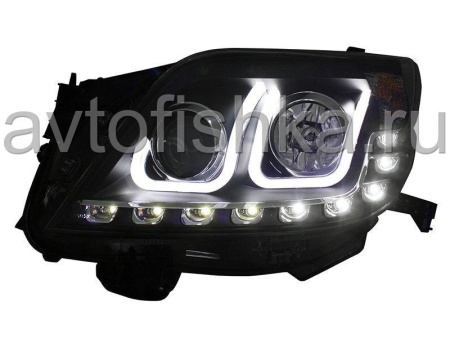 Toyota Land Cruiser Prado 150 (2010-) фары передние линзовые черные со светящимися ободками и светодиодной подсветкой, дизайн Volkswagen, комплект 2 шт.