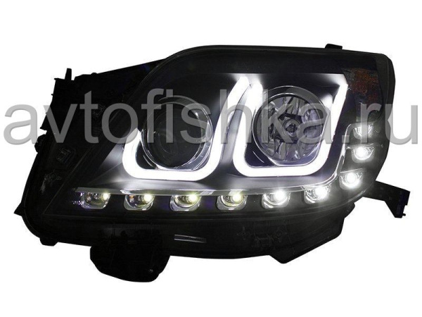 Toyota Land Cruiser Prado 150 (2010-) фары передние линзовые черные со светящимися ободками и светодиодной подсветкой, дизайн Volkswagen, комплект 2 шт.
