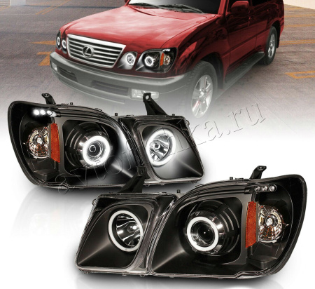 Lexus LX470 (98-07) фары передние линзовые черные, со светящимися ободками, комплект 2 шт.