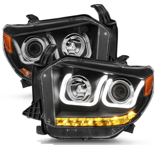 Toyota Tundra (2014-2017) передние фары чёрные с U-образным LED и квадратным проектором (Switchback)
