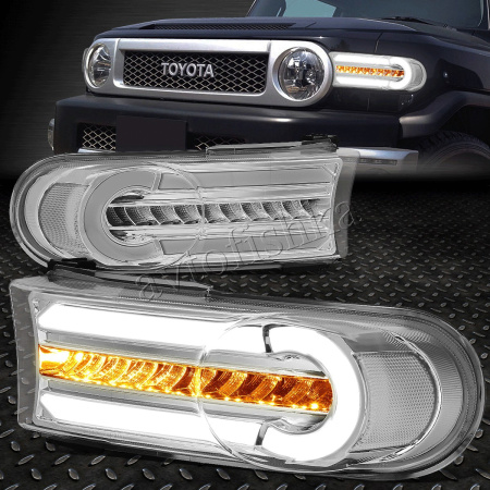 Toyota FJ Cruiser (07-14) хром светодиодные динамические поворотники с ДХО, комплект 2 шт.