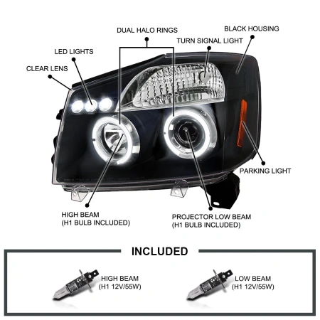 Nissan Titan (04-15), Armada (04-07) фары передние линзовые, со светящимися ободками и светодиодной подсветкой, комплект 2 шт.