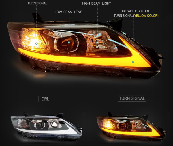 Toyota Camry V40 (09-11) фары передние хромированные, с линзами и дневными ходовыми огнями, в стиле LEXUS, комплект 2 шт.