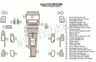 Декоративные накладки салона Acura TSX 2003-2008 без навигационной системы