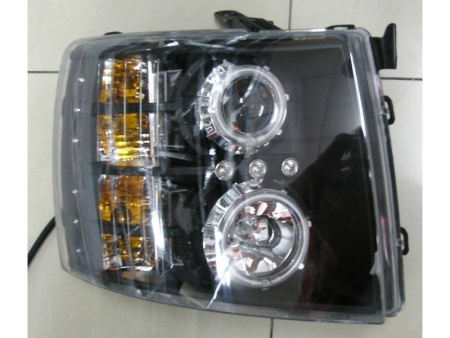 Chevrolet Silverado (07-) фары передние линзовые черные, со светящимися ободками и светодиодной подсветкой, комплект 2 шт.