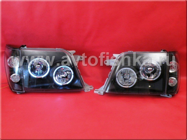Toyota Land Cruiser Prado 90 (FJ90) (96-02) фары передние черные, со светящимися ободками, комплект 2 шт.