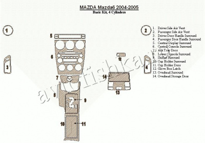Декоративные накладки салона Mazda Mazda6 2004-2005 базовый набор, 4 Cylinders