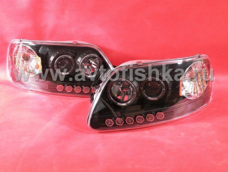 Ford F150, Expedition (96-03) фары передние линзовые черные, со светящимися ободками и светодиодной подсветкой, комплект 2 шт.