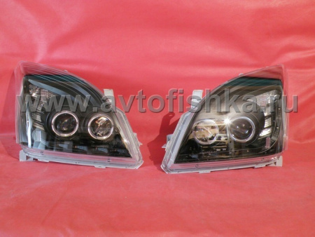 Toyota Land Cruiser Prado 120 (2002-2009) фары передние линзовые черные со светящимися ободками и светодиодной подсветкой под корректор, комплект 2 шт.