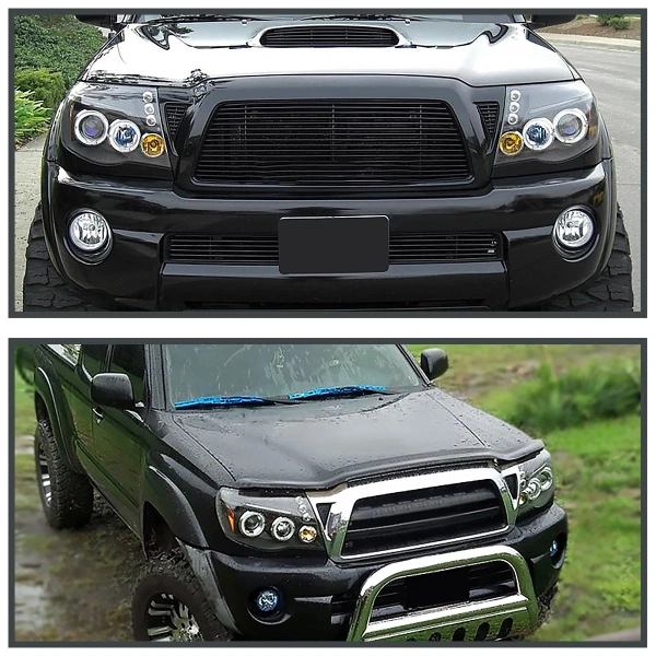 Toyota Tacoma (05-12) фары передние линзовые черные, с подсветкой и ангельскими глазками, комплект 2 шт.