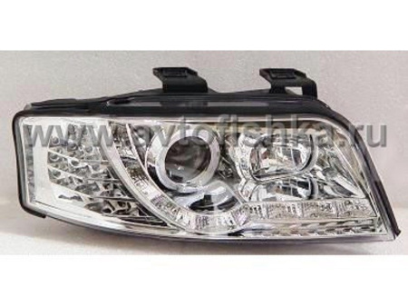 Audi A6 4B,C5 (01-03) фары передние хромированные, со светящимися ободками, линзовые cветодиодные c DRL
