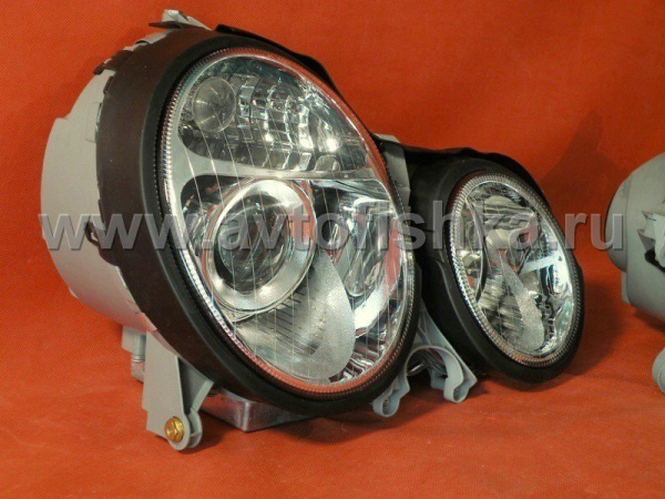 Mercedes E W210 (99-02) фары ксеноновые передние линзовые хромированные под корректор, комплект 2 шт.