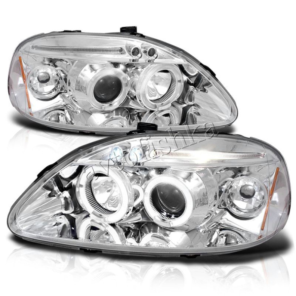 Honda Civic, Ferio EK (96-98) фары передние хромированные, со светящимися ободками с белыми рефлекторами, линзовые