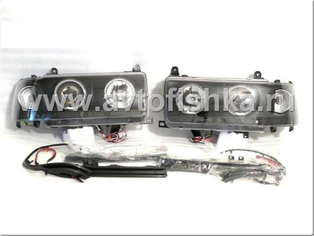 Toyota Land Cruiser 80 (90-97) фары передние линзовые черные, со светящимися ободками и светодиодной подсветкой, комплект 2 шт.