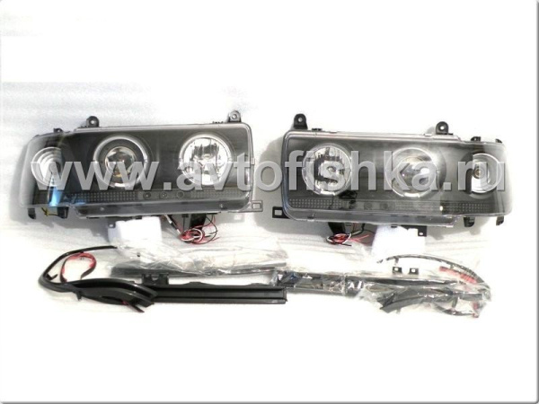 Toyota Land Cruiser 80 (90-97) фары передние линзовые черные, со светящимися ободками и светодиодной подсветкой, комплект 2 шт.