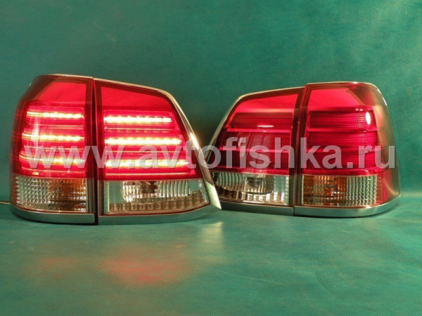 Toyota Land Cruiser 200 (2008-) фонари задние светодиодные красно-хромированные, дизайн Lexus LX570, комплект лев.+прав.