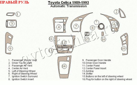 Toyota Celica (89-93) декоративные накладки под дерево или карбон (отделка салона), автоматичеcкая коробка передач , правый руль