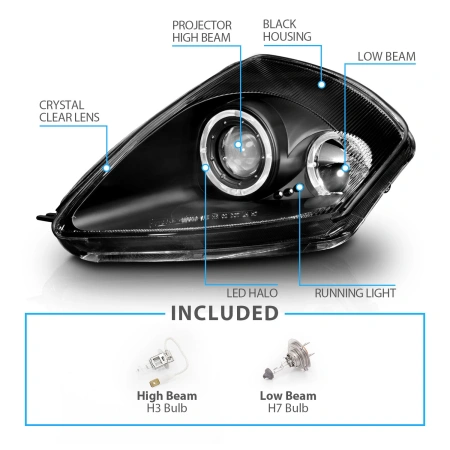 Mitsubishi Eclipse (00-05) фары передние линзовые черные, со светящимися ободками, комплект 2 шт.