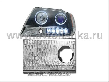 Jeep Grand Cherokee (99-04) фары линзовые передние черные, со светящимися ободками, комплект 2 шт.