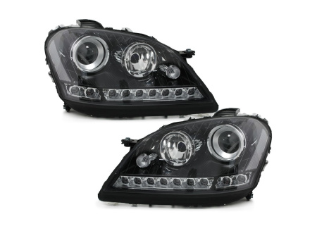 Mercedes ML W164 (05-08) фары передние линзовые черные с нижней светодиодной подсветкой, с мотором электрокорректора, комплект 2 шт.