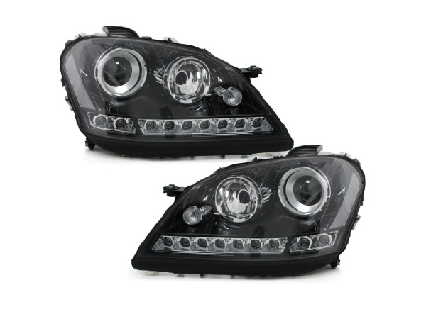 Mercedes ML W164 (05-08) фары передние линзовые черные с нижней светодиодной подсветкой, с мотором электрокорректора, комплект 2 шт.
