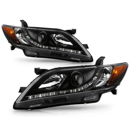 Toyota Camry XV40 дорестайл (2006-2009) тюнинговые передние черные фары со светодиодной подсветкой ДХО
