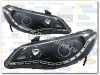Honda Civic VIII (2006-) фары передние линзовые черные, со светящимися ободками и светодиодной подсветкой, комплект 2 шт.