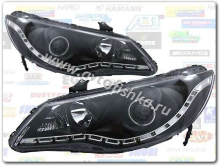 Honda Civic VIII (2006-) фары передние линзовые черные, со светящимися ободками и светодиодной подсветкой, комплект 2 шт.