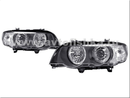 BMW X5 (98-03) передние фары линзовые черные, со светящимися ободками, под штатный ксенон, с моторами электрокорректора, комплект 2 шт.