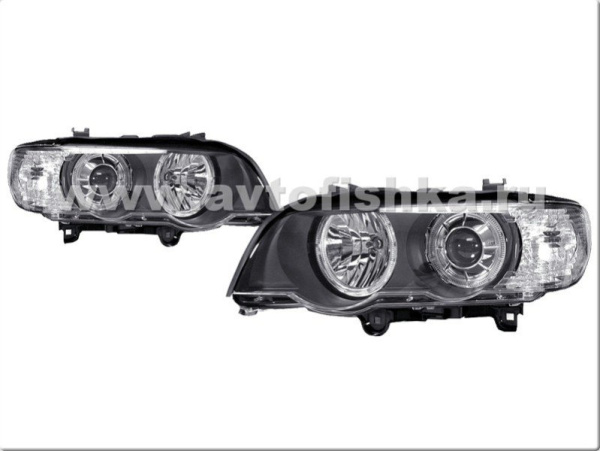 BMW X5 (98-03) передние фары линзовые черные, со светящимися ободками, под штатный ксенон, с моторами электрокорректора, комплект 2 шт.