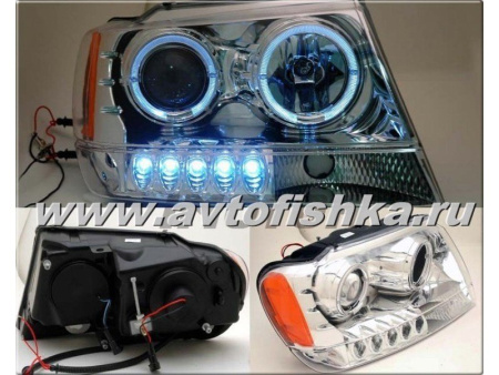 Jeep Grand Cherokee (99-04) передние линзовые фары хромированные, со светящимися ободками, комплект 2 шт.