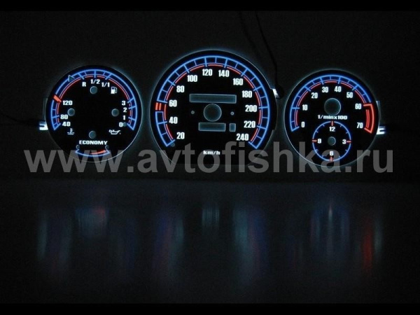 Mercedes W124 (84-95), W126 (80-92) светящиеся шкалы приборов - накладки на циферблаты панели приборов, дизайн № 3
